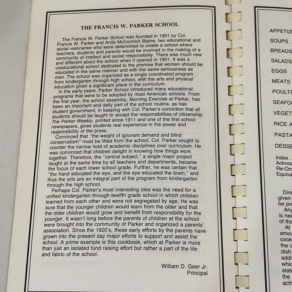 Francis W. Parker School Chicago IL Cookbook 1983 1st Print Parker Cooks